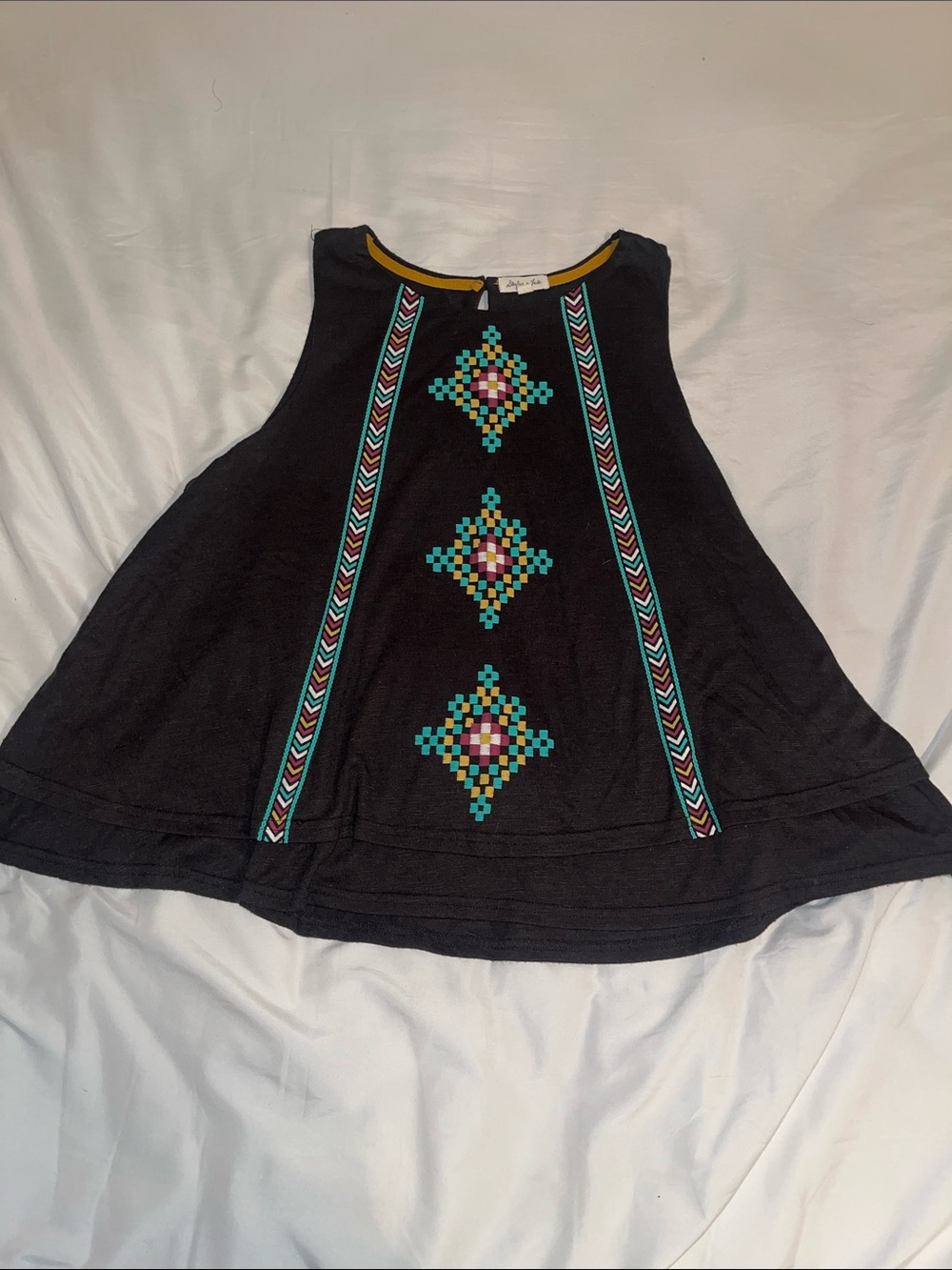 Embroidered Geometric Black Tank Top